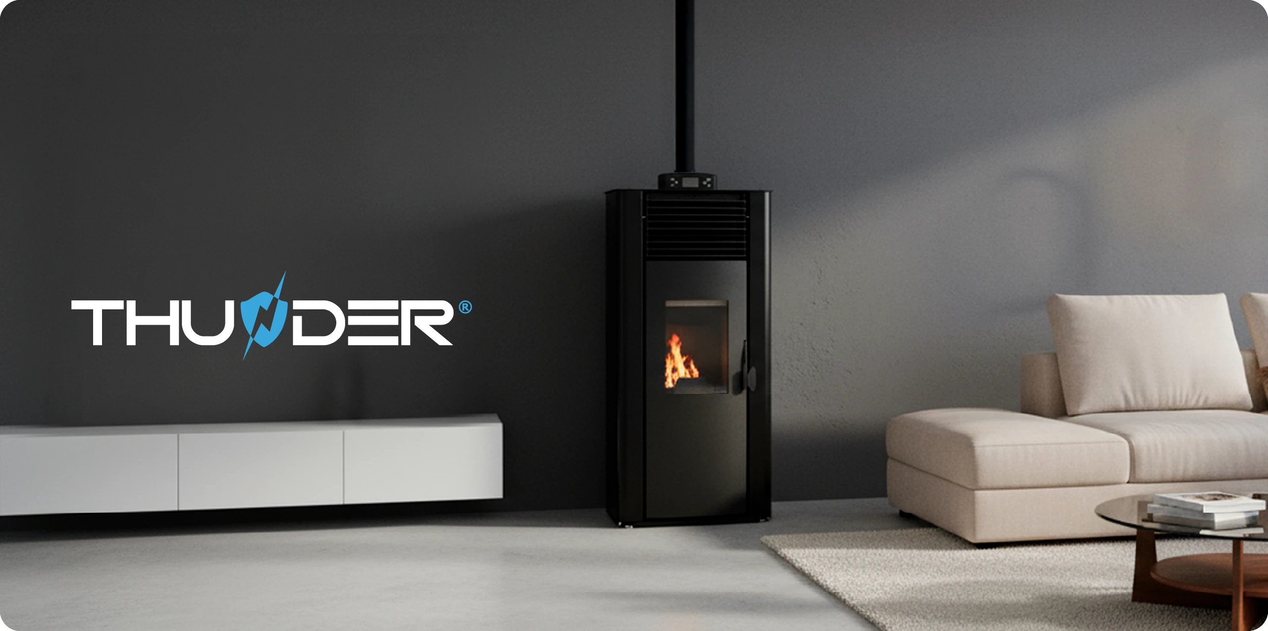Szabadon álló 12kW-s pelletkályha – THUNDER ARIA-BLACK